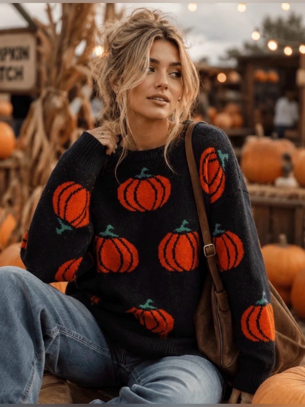 Black Pumpkin Pattern Crewneck Sweater - Women's Fall Pullover